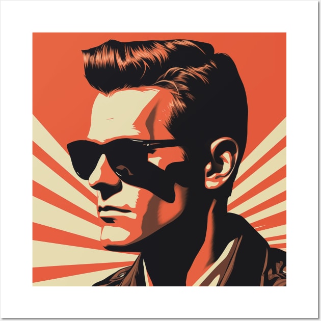 Vector Vintage Red Illustration – 1950s Gentleman with Dark Shades and Fashionable Hairstyle Amid Vintage Sunbeams. Wall Art by Art KateDav